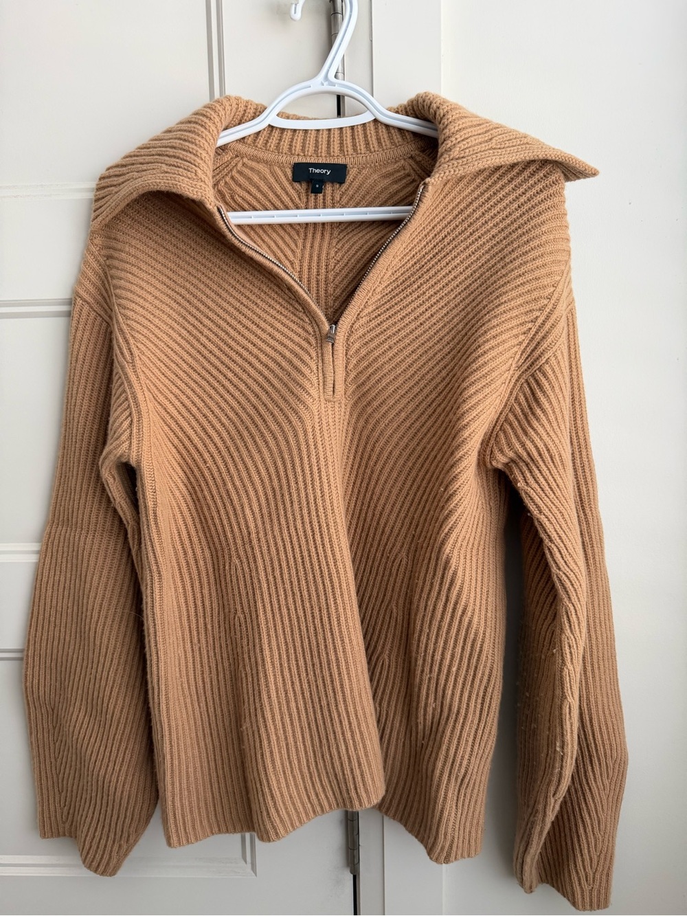 Theory Camel Ribbed Half-Zip Turtleneck Sweater